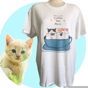 🎯NWOT🎯 Gildan Coffee Time Meows Kitty Tee Sz Large
